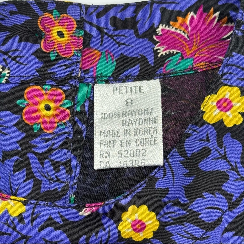 Liz Claiborne Vintage Floral Midi Dress Petite 8 Blue Rayon Belted Long Sleeve - Picture 5 of 11
